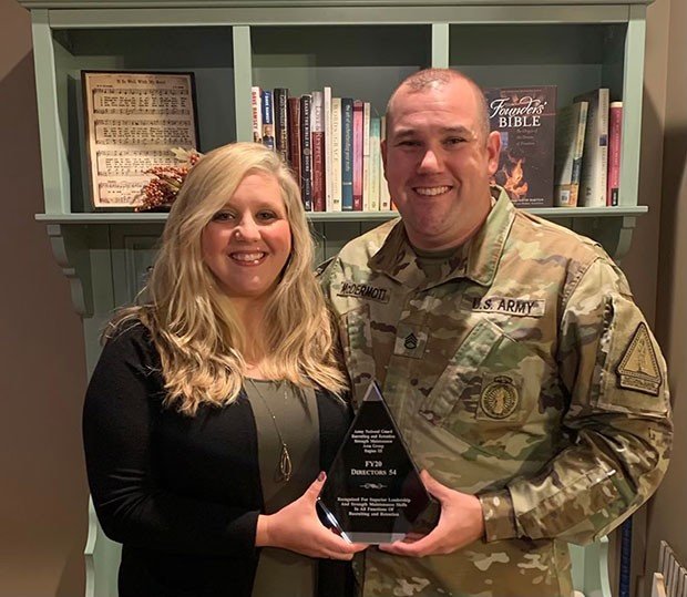 Staff Sgt. Aaron McDermott poses with his wife Jill after being awarded the Strength Maintenance Area Group III (Southeast region) Recruiting and Retention NCO of the Year.